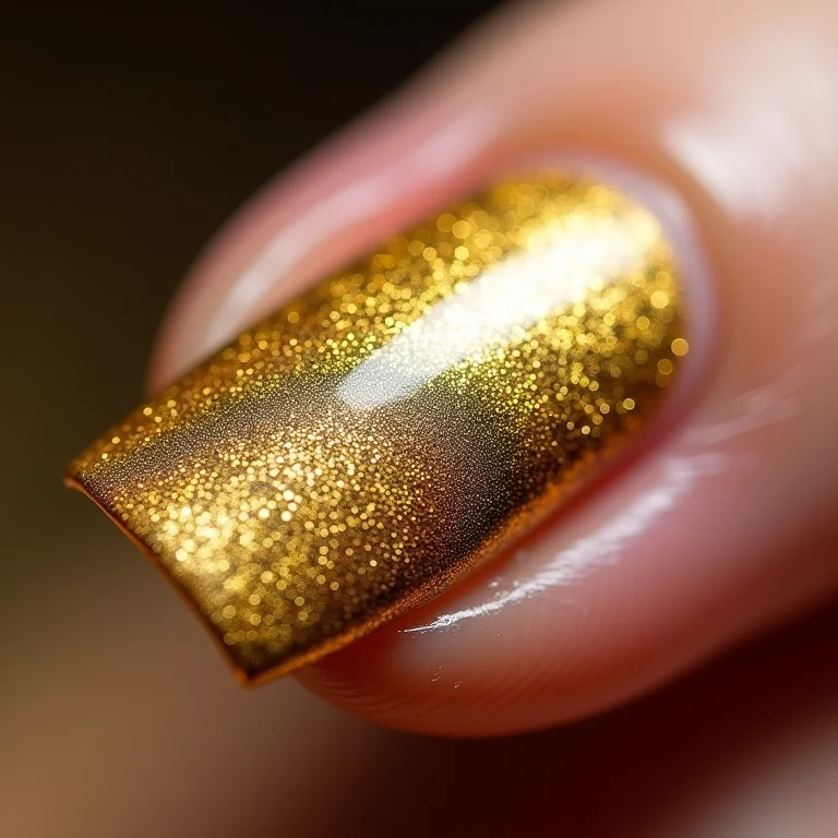 Detalhes da folha de ouro da marca X aplicada na unha