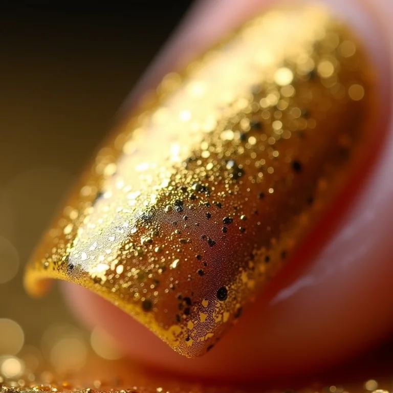 Detalhes da folha de ouro da marca Y aplicada na unha