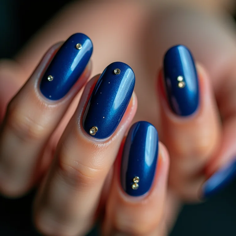 Detalhes em pedrarias douradas sobre o azul nas unhas