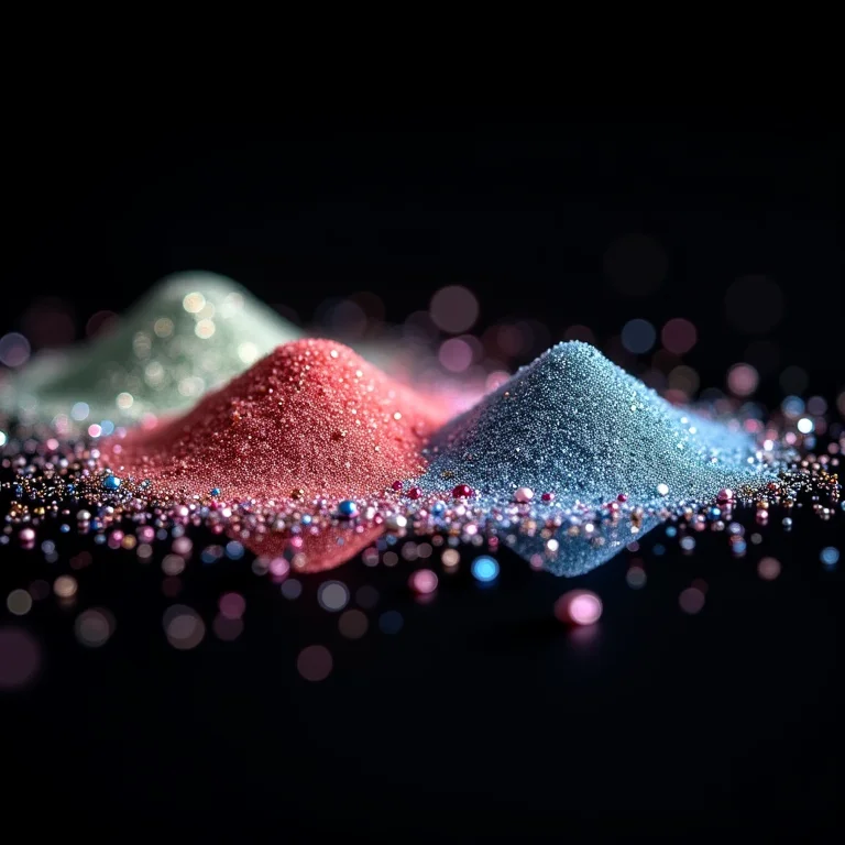 Diferentes tipos de glitter para unhas: fino, grosso e holográfico.