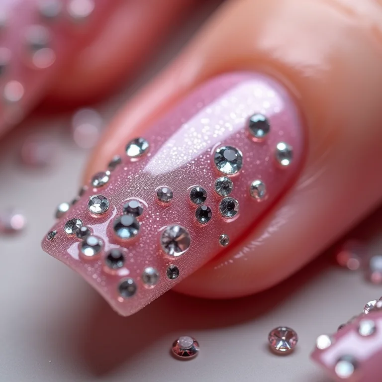 Diferentes tipos de pedras acrílicas em uma unha