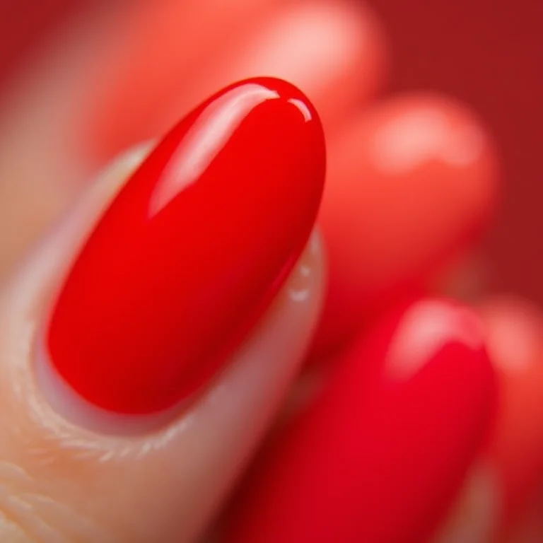 Diferentes tons de esmalte vermelho em unhas amendoadas