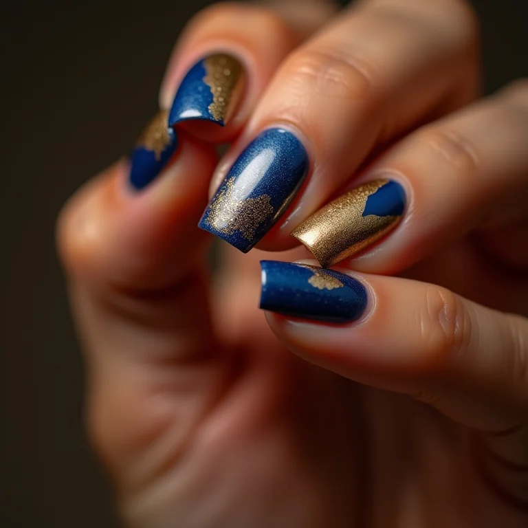 Dourado metálico com azul cobalto nas unhas