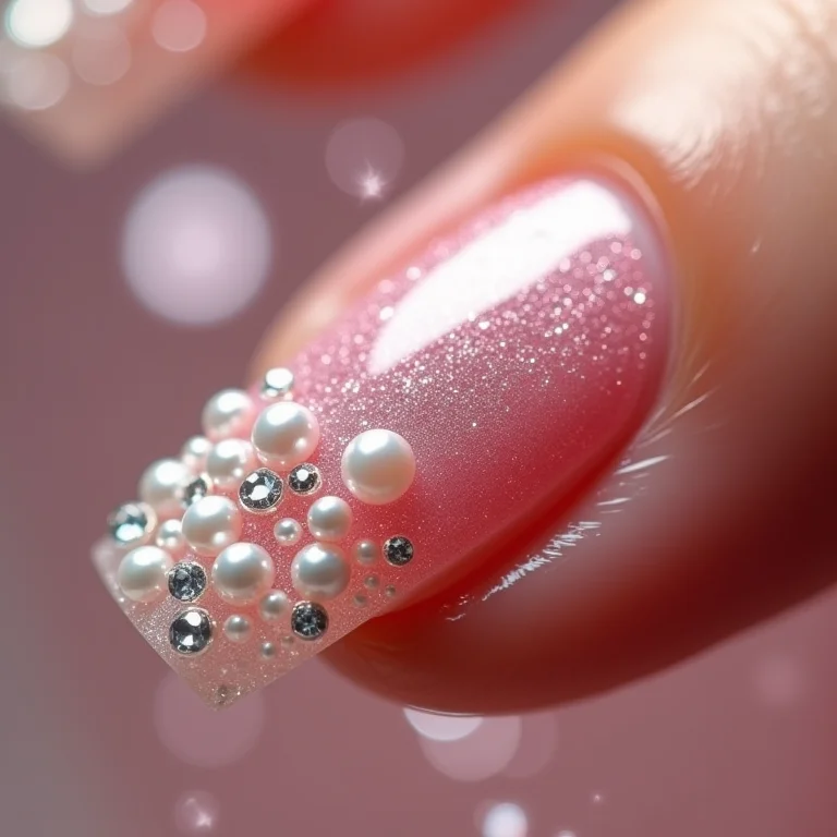 Efeito 3D em unhas com pérolas e strass