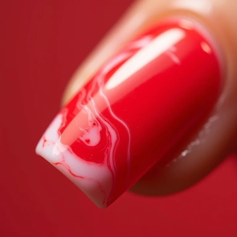 Efeito marmorizado em unha de gel vermelha