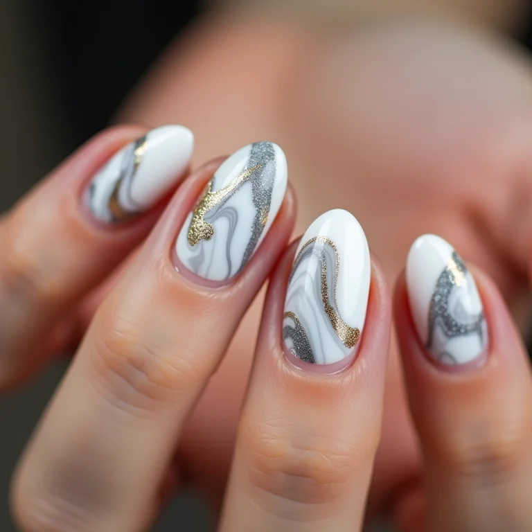 Efeito marmorizado em unhas de gel.