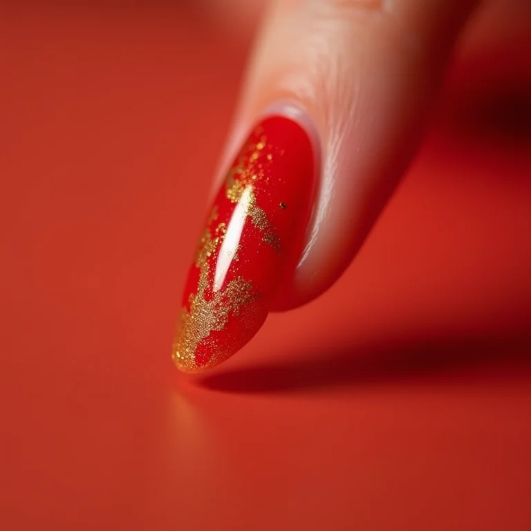 Efeito marmorizado vermelho e dourado em unhas