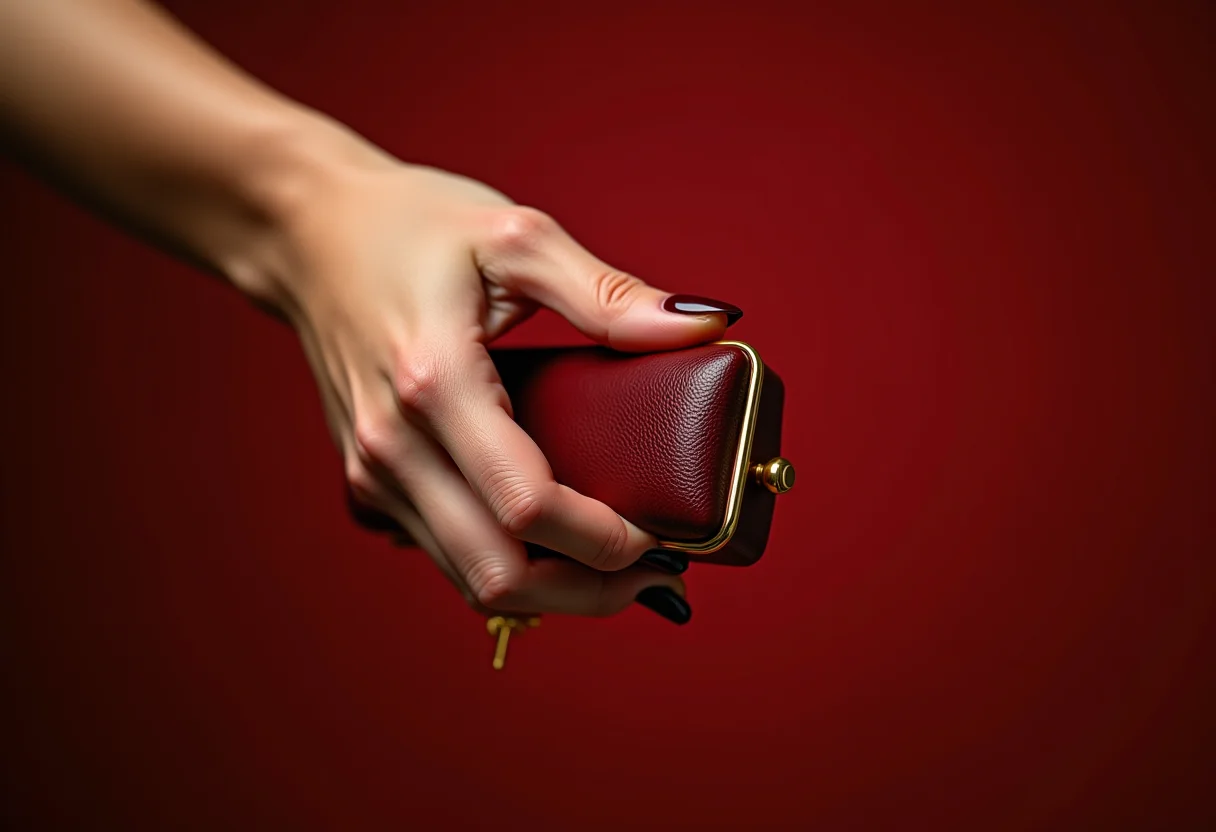 Esmalte bordô escuro e mãos segurando clutch dourada