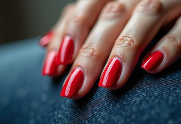 Esmalte derramado em unhas sobre tecido jeans