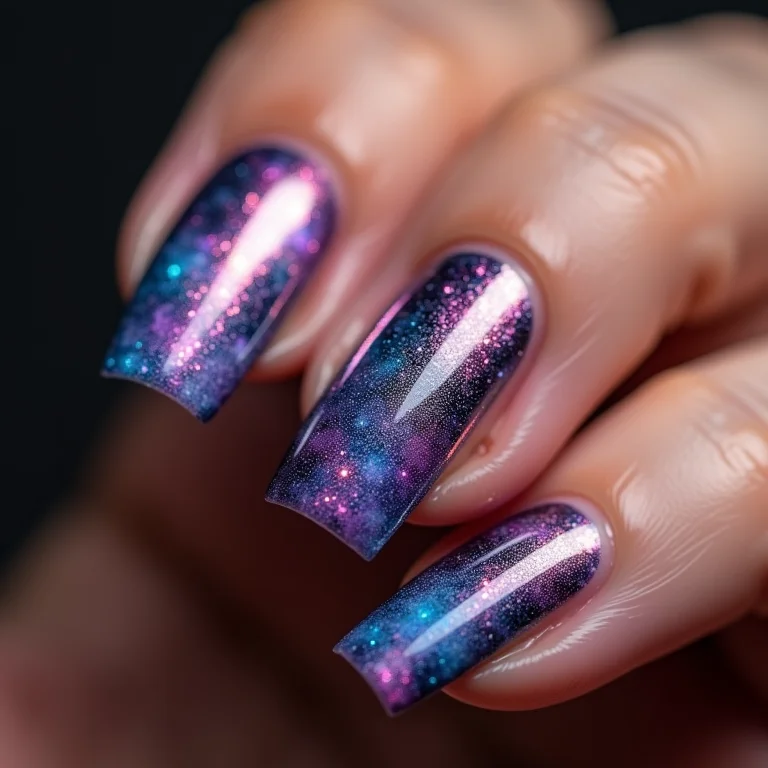 Esmalte magnético com efeito galáxia em unhas quadradas