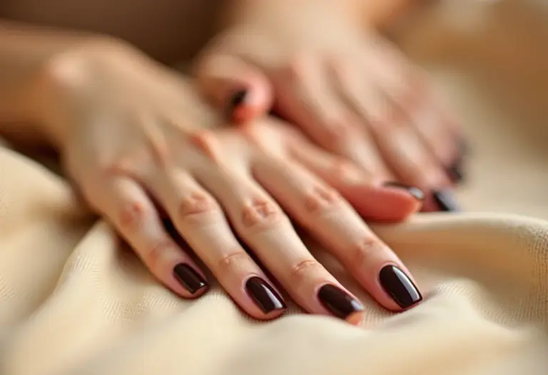 Esmalte marrom chocolate em pele morena