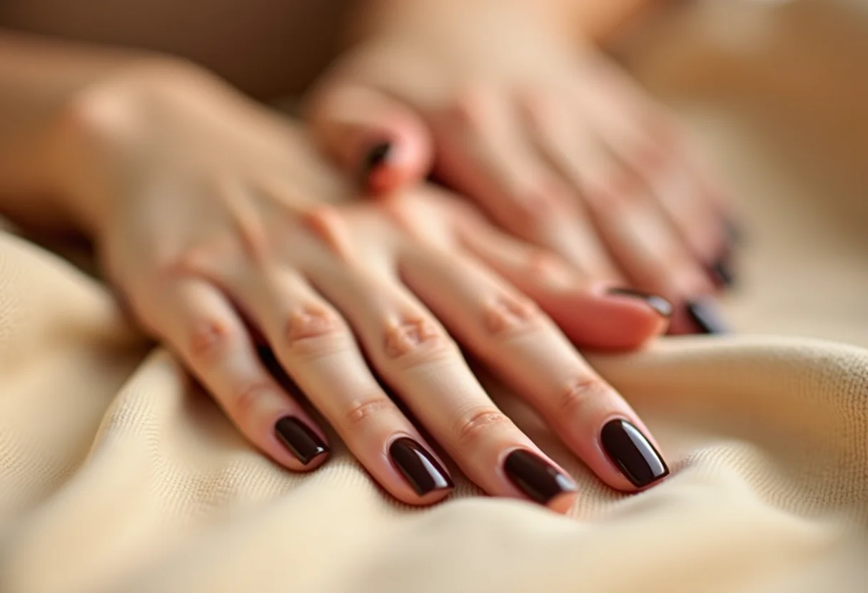 Esmalte marrom chocolate em pele morena