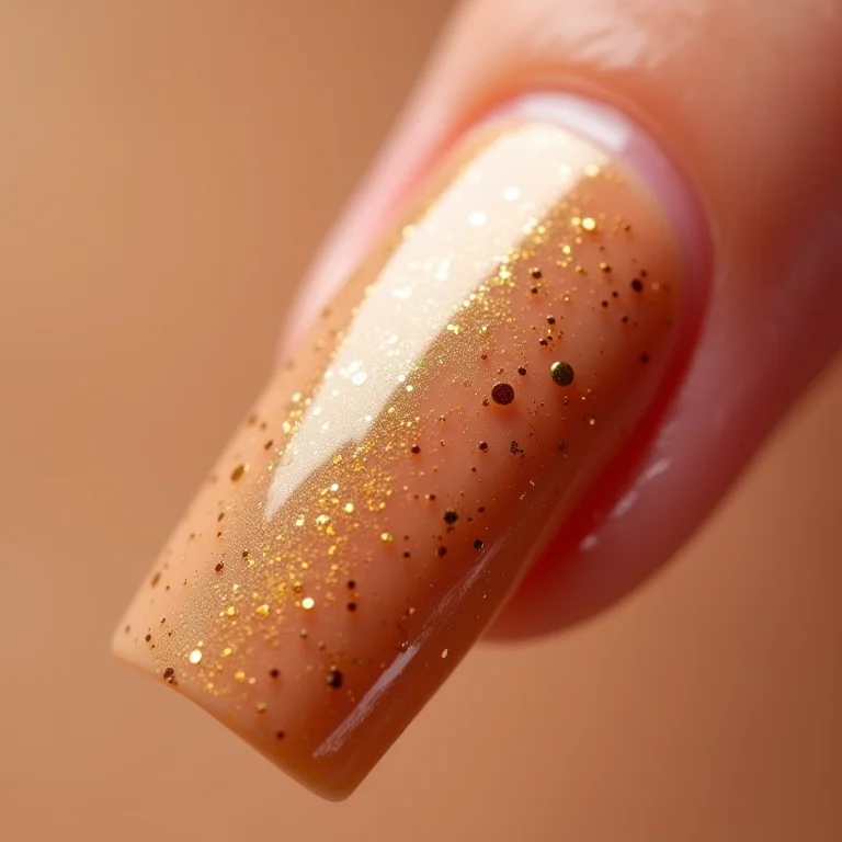 Esmalte nude com flocos dourados, close-up macro.