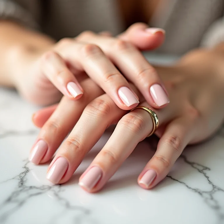 Esmalte nude em mãos sobre mármore