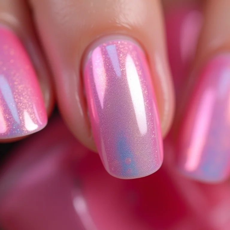 Esmalte rosa holográfico com efeito de cores.