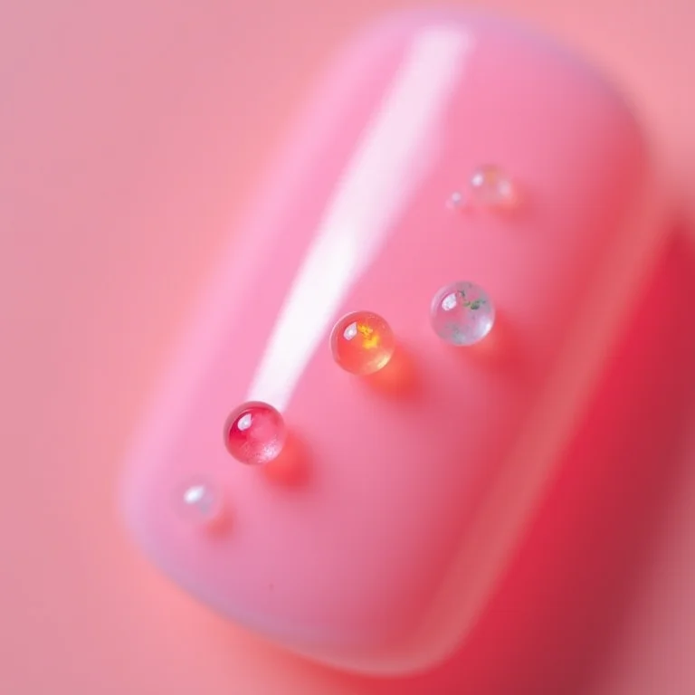 Esmalte rosa pastel com miçangas coloridas, close-up macro.