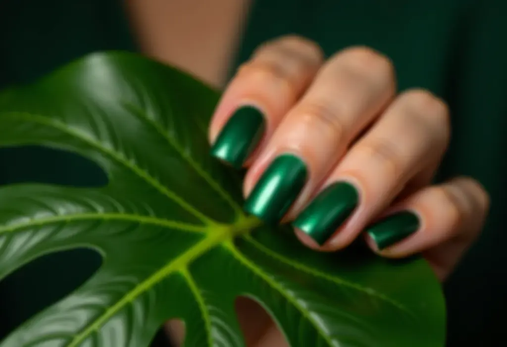 Esmaltes 2026: As cores que vão bombar (e como usar já) Esmalte verde esmeralda segurando folha de monstera
