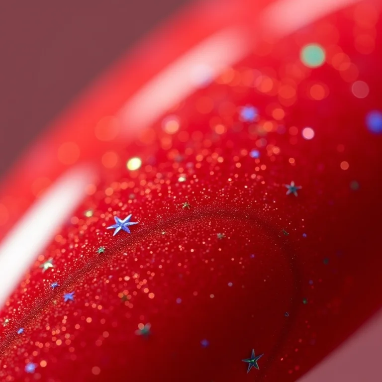 Esmalte vermelho com glitter e estrelas holográficas, detalhe macro.