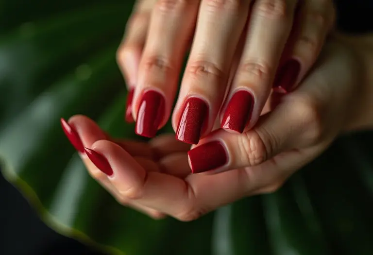 Esmalte vermelho craquelado em mãos femininas segurando folha de monstera.