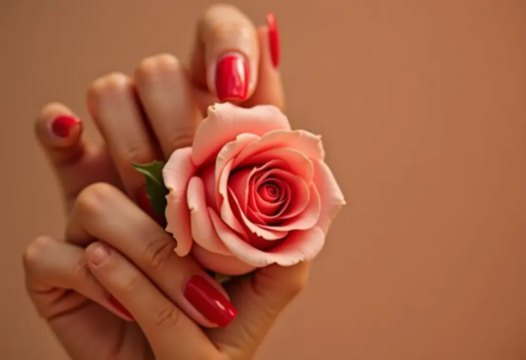 Esmalte vermelho elegante segurando rosa branca