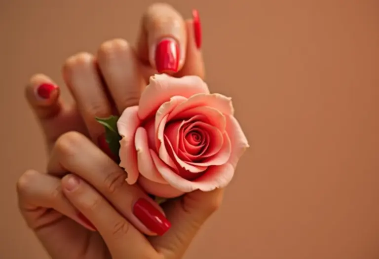Esmalte vermelho elegante segurando rosa branca