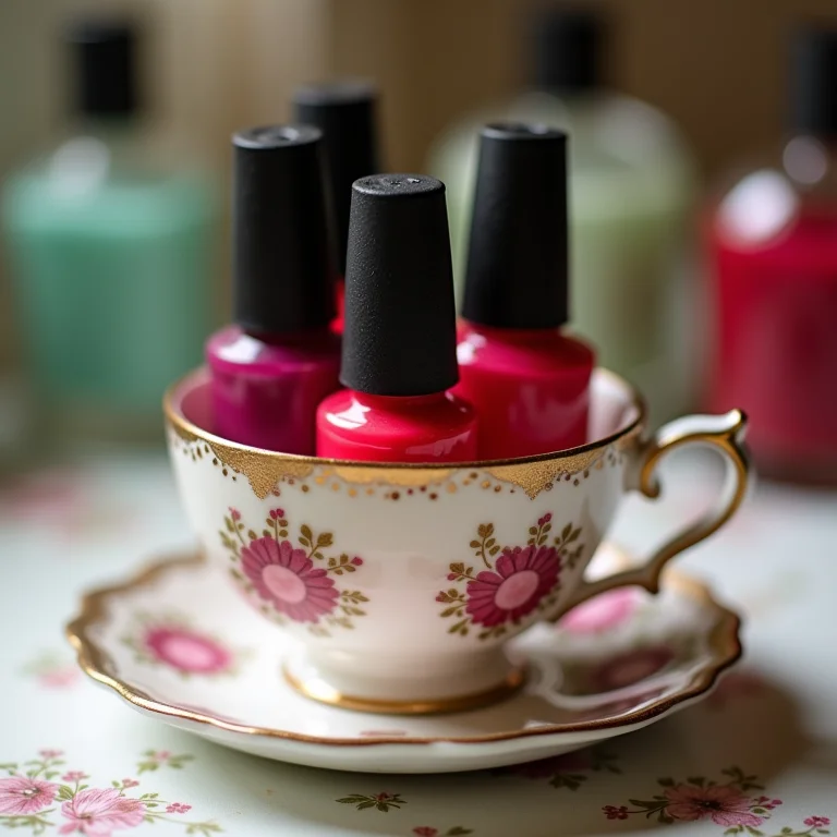 Esmaltes guardados em xícaras de chá vintage.