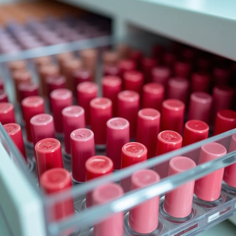 Esmaltes organizados por cor em gavetas acrílicas.