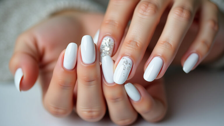 Unhas de gel brancas decoradas com glitter.