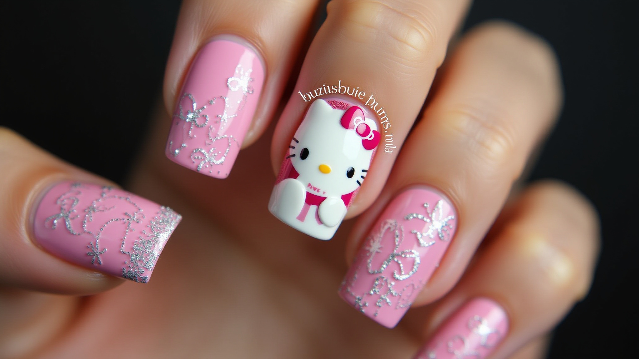 Unhas de gel decoradas com Hello Kitty, design vibrante e fofo.