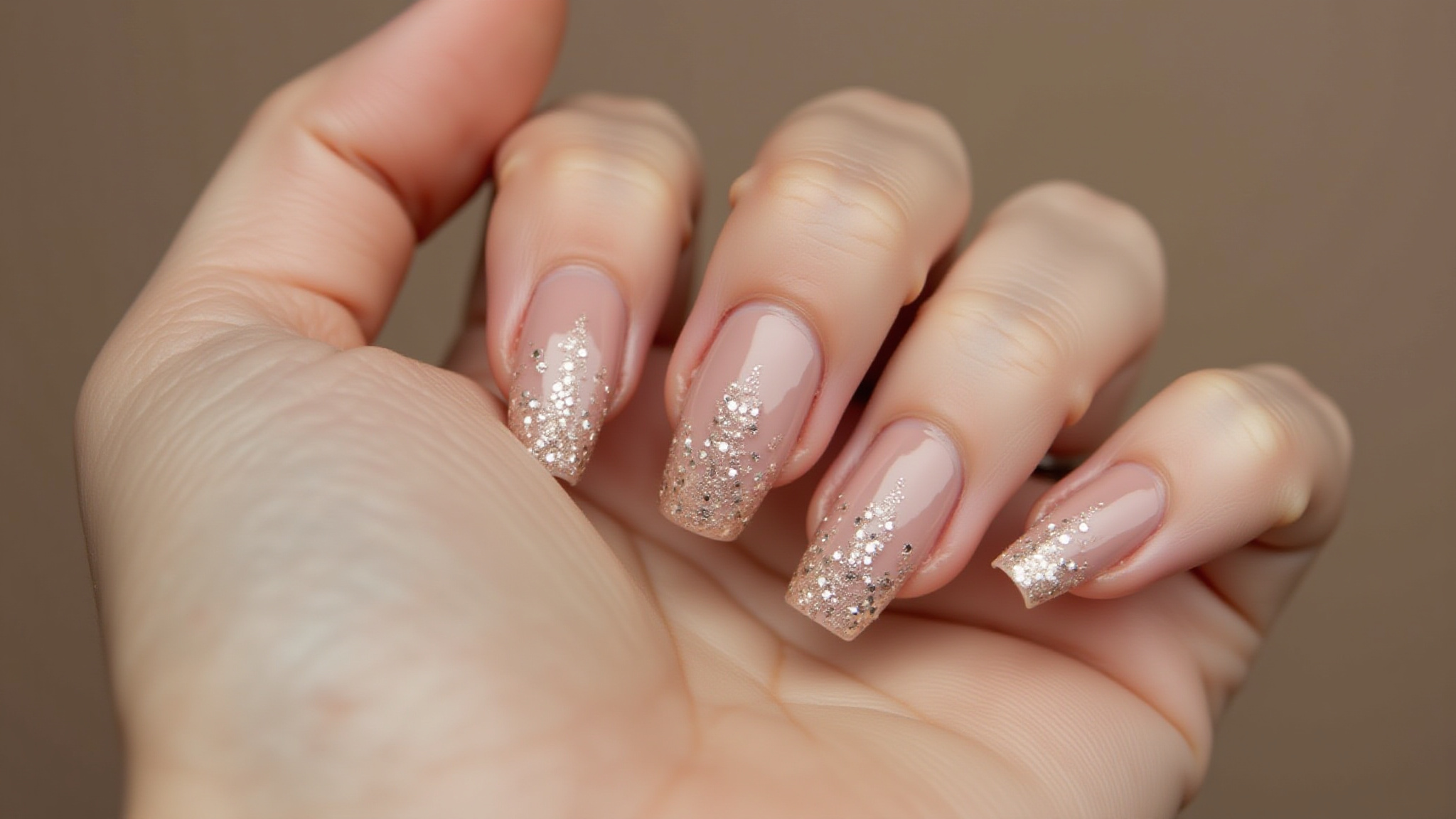 Elegante unha decorada nude com detalhes sutis de glitter.