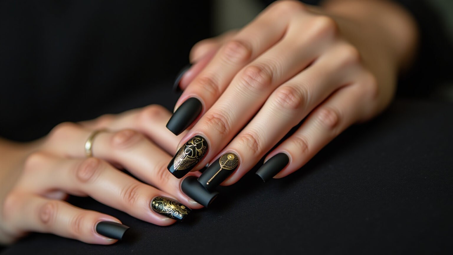 Unha decorada preta com detalhes dourados.
