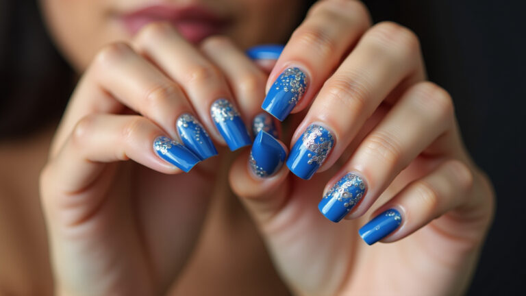 Unhas decoradas em tons de azul com design intrincado.