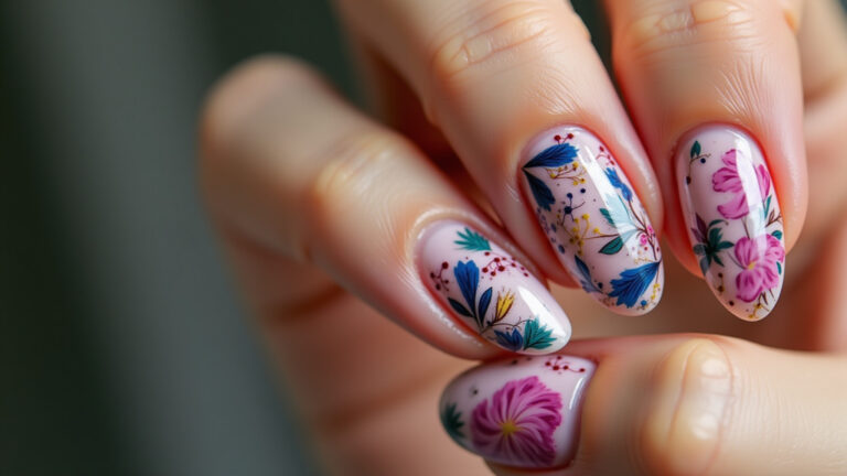 Unhas amendoadas decoradas com design vibrante e detalhado.