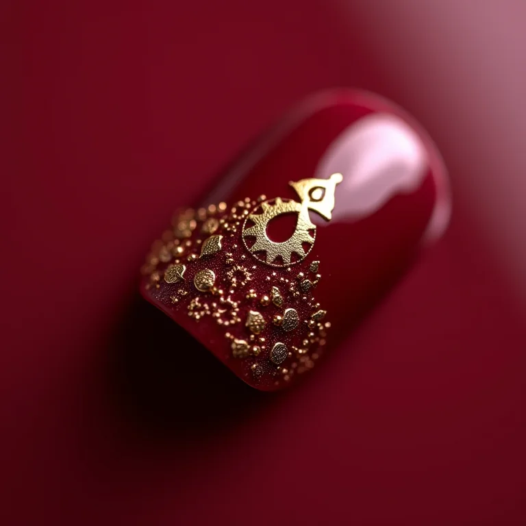 Filha única com detalhes dourados em unhas vinho