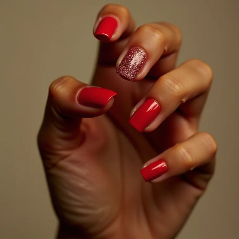 Filha única com glitter em unhas vermelhas