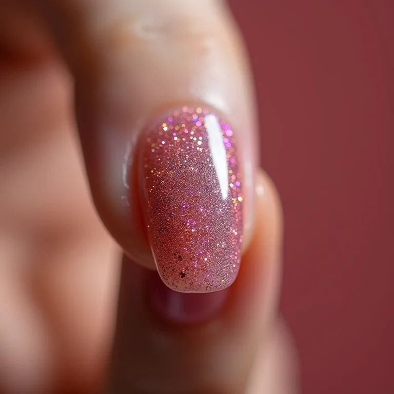 Filha única com glitter iridescente em unhas nude