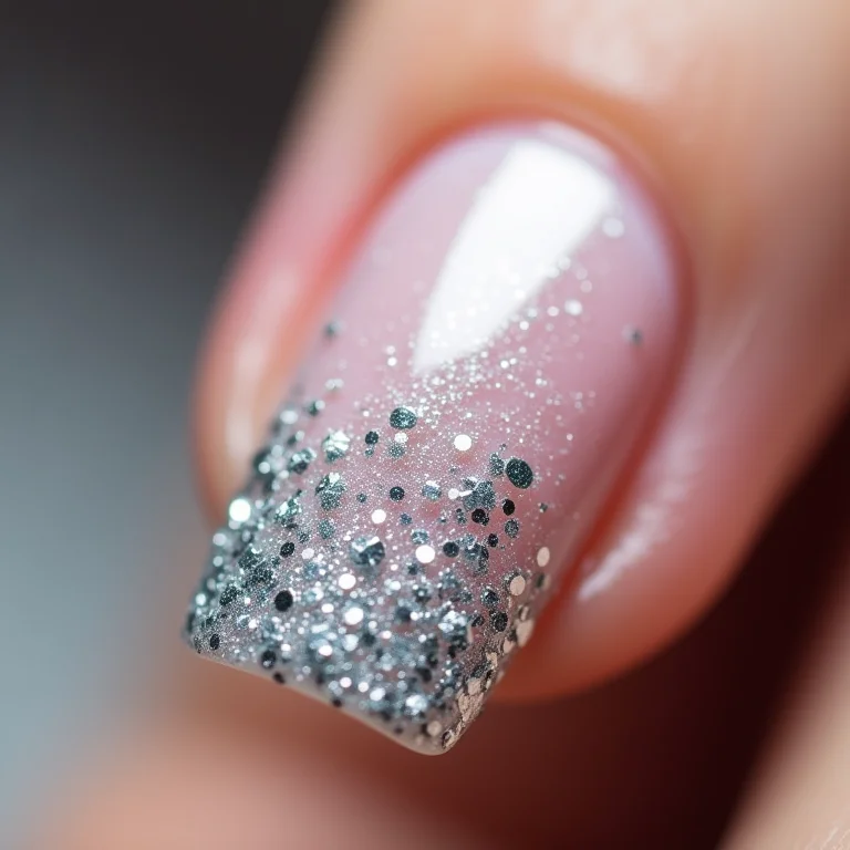 Filha única com glitter prata em unhas de gel