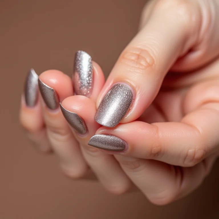 Filha única com glitter prata em unhas de gel.