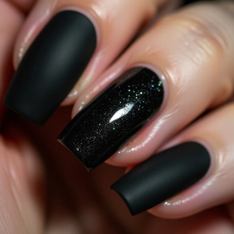 Filha única com glitter preto em unhas pretas