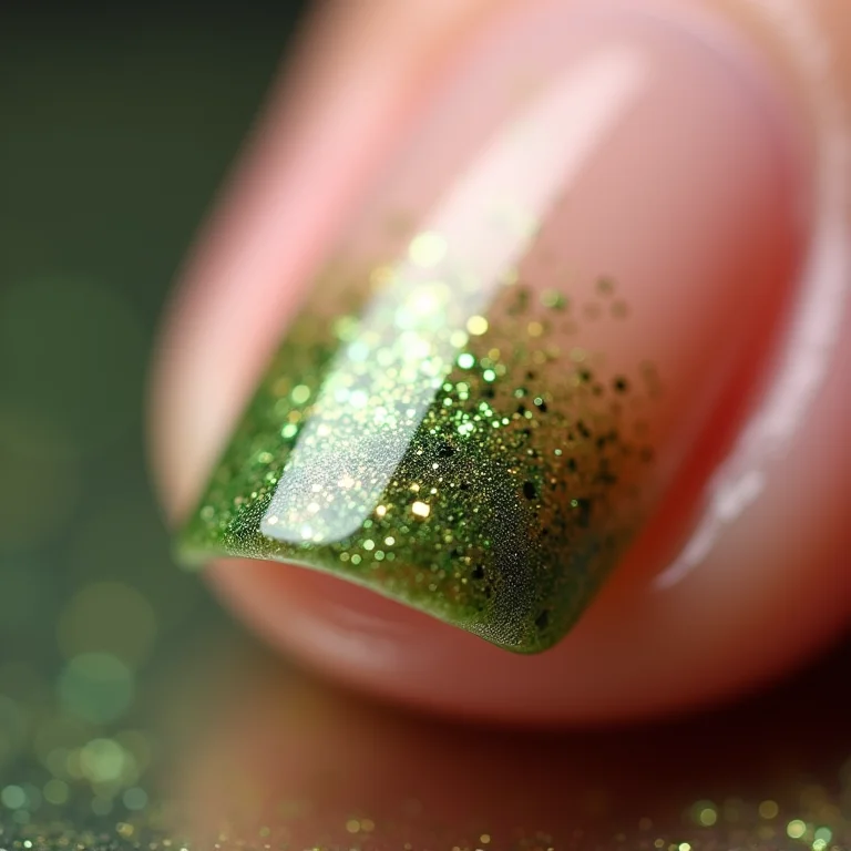 Filha única com glitter verde em unhas nude