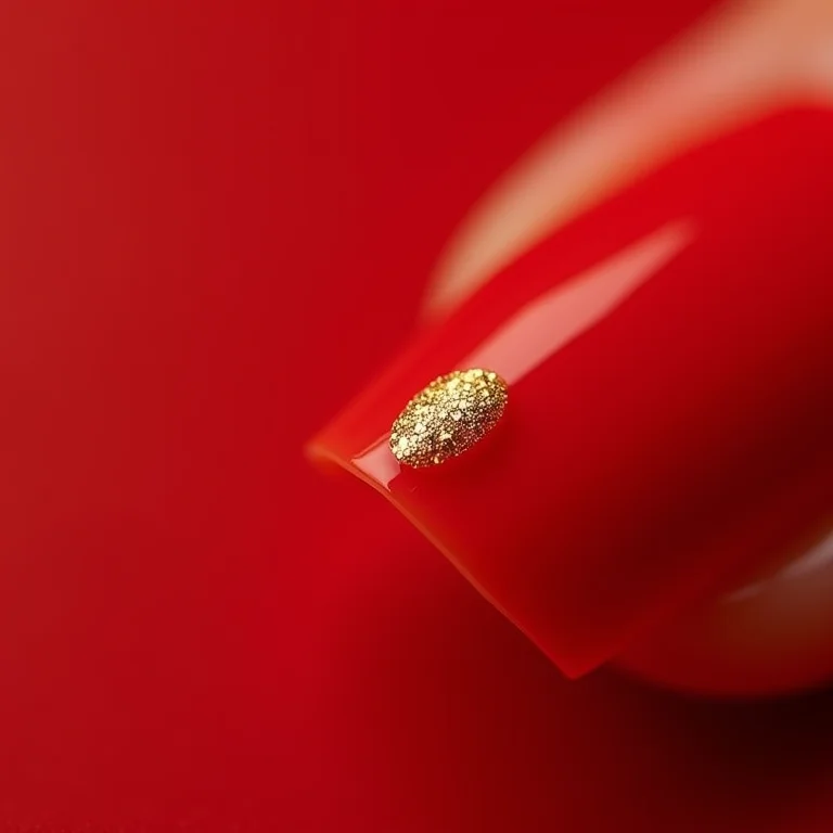 Filha única dourada em unha de gel vermelha