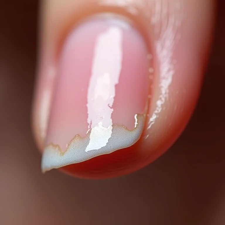 Foto macro de unha danificada mostrando preparação inadequada.