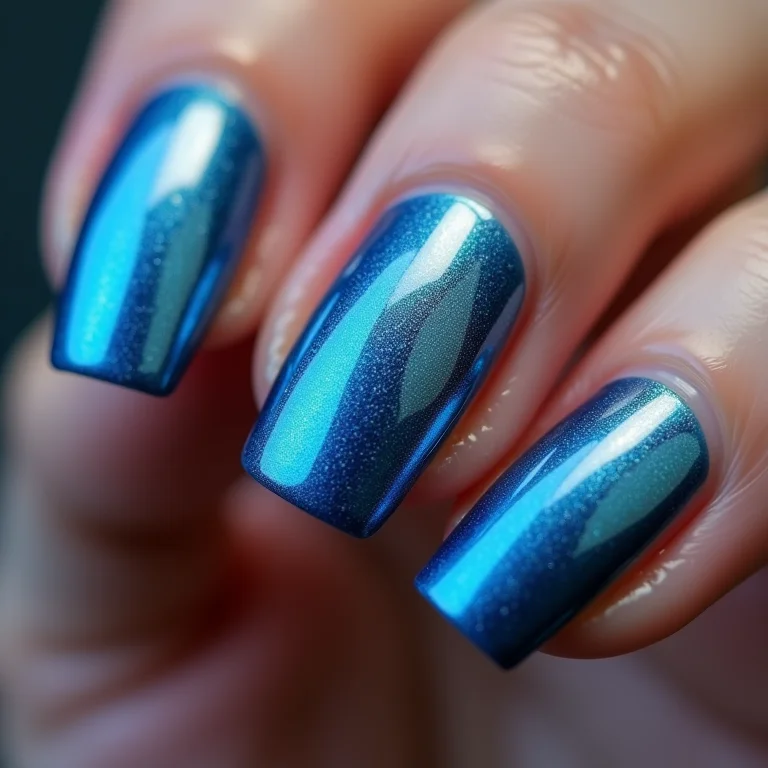 Francesinha azul metalizada em close-up.