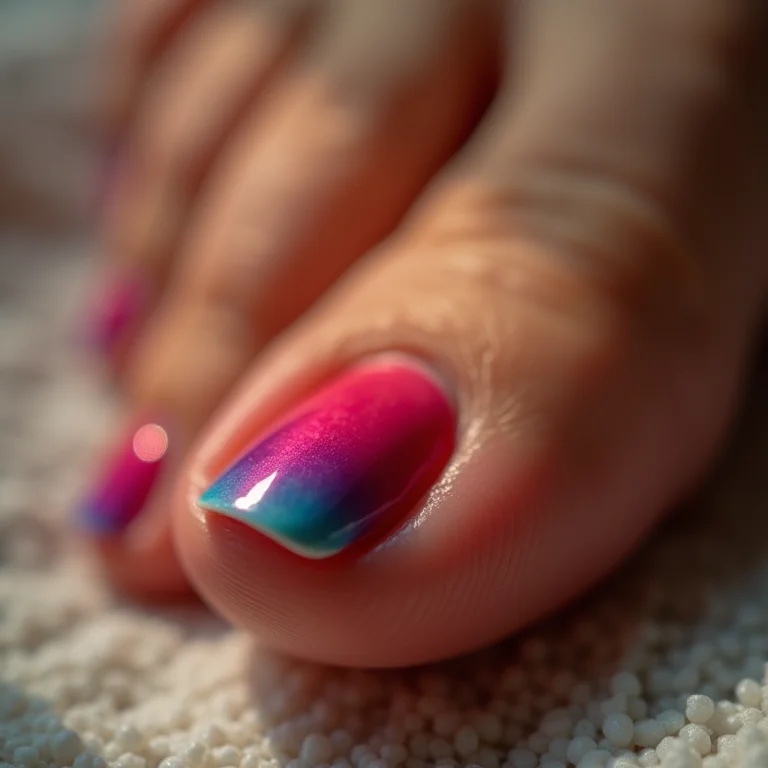 Francesinha colorida nas unhas dos pés.