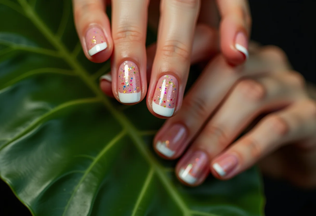 Francesinha com bolinhas coloridas segurando folha de monstera.