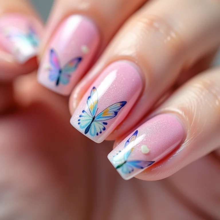 Francesinha com borboletas nas pontas das unhas