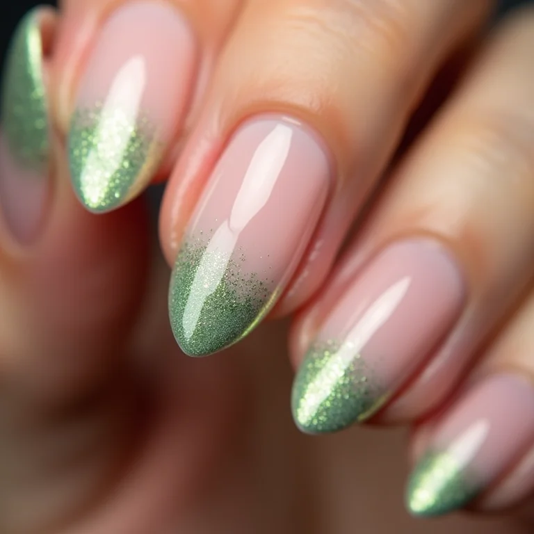 Francesinha com glitter verde em unhas amendoadas