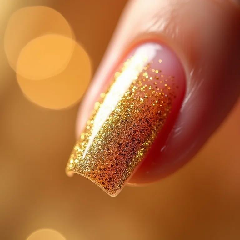 Francesinha dourada com glitter em unhas de gel