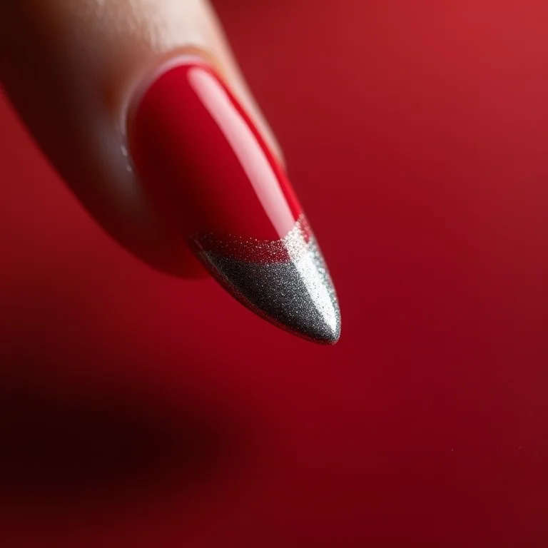 Francesinha invertida prata em unhas vermelhas