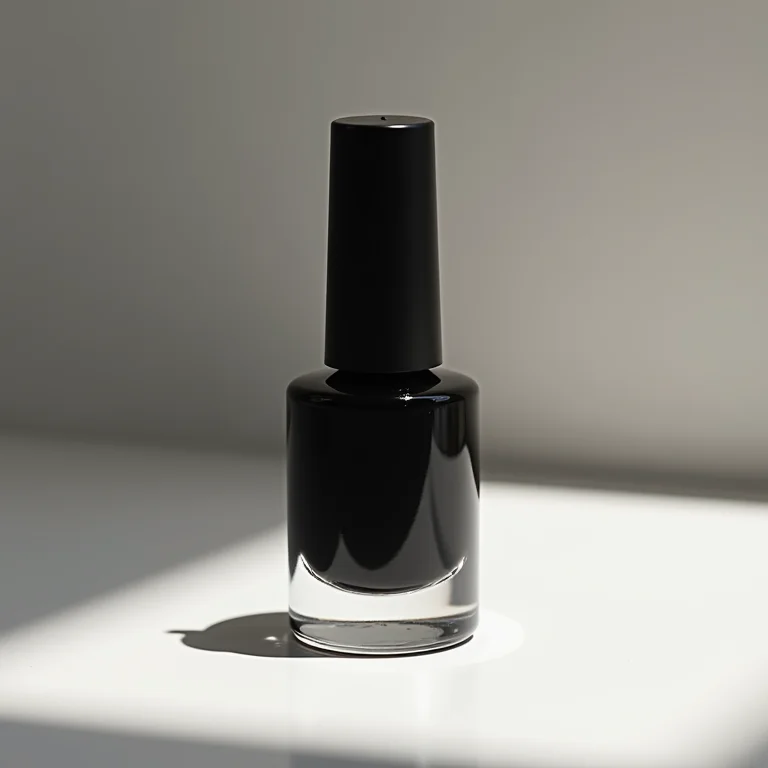 Frasco de esmalte preto cremoso em fundo neutro